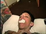 47 Yr OLD UNCOOPERATIVE LATINA HAIR DRESSER HAS HER MOUTH STUFFED WITH SMELLY SOCK, HANDGAGGED, TAPE GAGGED & BLINDFOLDED (D56-11)
