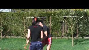 Jill and a friend of her during gardening wearing shiny nylon shorts and tops (Video)