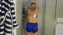 Myxxxy wetting her shiny nylon Shorts