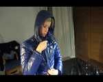 Pia wearing a shiny nylon rain pants and a bra dressing herself with a blue PAMY down jacket and lolling on bed (Video)