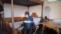 Rachel Adams bound, pantygagged and pantyhooded in shiny nylon Rainwear