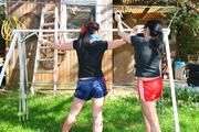 Jill tied and gagged by her friend in shiny nylon shorts
