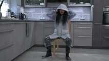 Miss Amira in Lepper nylon rain gear and transparent rain suit with Ilse Jacobsen coat