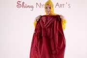 Watching sexy Jill wearing a sexy yellow shiny nylon rainwearcombination and a red shiny nylon raincoat posing for you (Pics)