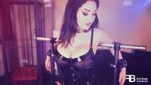BONDAGE TABEL with CHAIR - Sophie in a hot latex outfit | Bondage Furniture