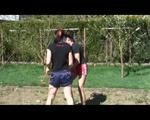 Jill and a friend of her during gardening wearing shiny nylon shorts and tops (Video)