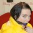 Jill ties, gagges and hoodes herself wearing a shiny yellow down jacket and a yellow rain pants(Pics)