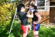 Jill tied and gagged by her friend in shiny nylon shorts