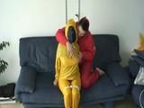 One archive girl tied, gagged and hooded by another archive girl (Breath control play) (Video)