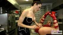 Latex Slut is stuffed in the kitchen