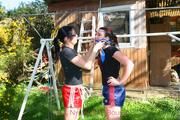 Jill tied and gagged by her friend in shiny nylon shorts