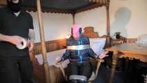 Rachel Adams bound, pantygagged and pantyhooded in shiny nylon Rainwear