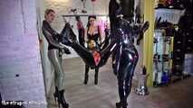 Three rubber goddesses gangbang a poor,bound slave