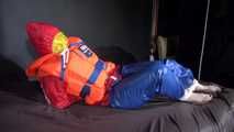 Watching Jill wearing a sexy shiny nylon rain pants and three shiny nylon rain jackets and a life jacket being tied and gagged and HOODED three times (Video)