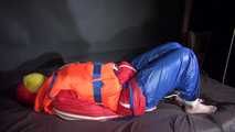 Watching Jill wearing a sexy shiny nylon rain pants and three shiny nylon rain jackets and a life jacket being tied and gagged and HOODED three times (Video)