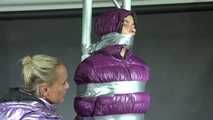 Aiyana bound gagged and vibed by Ms Ungeniert in shiny nylon Down