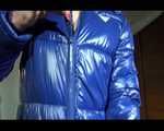 Pia wearing a shiny nylon rain pants and a bra dressing herself with a blue PAMY down jacket and lolling on bed (Video)