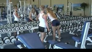 Katharina and Jenny in the fitness studio wearing sexy shiny nylon shorts and tops (Video)