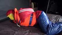 Watching Jill wearing a sexy shiny nylon rain pants and three shiny nylon rain jackets and a life jacket being tied and gagged and HOODED three times (Video)