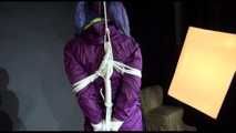 MARA tied and gagged overhead with ropes and a cloth gag wearing a super sexy super shiny purple rainsuit and blue rubber boots (Video)