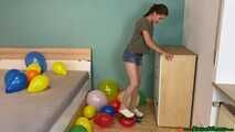 stomp2pop the balloons with her clogs shoes