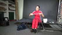 Rachel Adams in shinynylon Jumpsuit doing Selfbondage