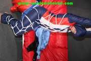 Sexy Sonja wearing a sexy oldschool shiny nylon downbib and donjacket being tied and gagged with ropes overhead (Pics)