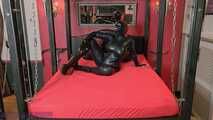 Black rubber goddess commands: Cum on my boots, you dirty pig.