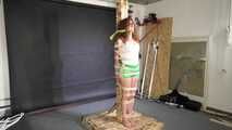 Beautifull Lola Montez tied and gagged very strictly to a post in shiny nylon Shorts