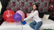 sexy preparing U16 balloons with electrical pump and popping them