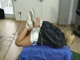 Two short videos of three tied and gagged girls in shiny nylon shorts