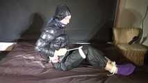 Ronja being tied and gagged with ropes and a ballgag in shiny nylon rainwear and downwear (Video)