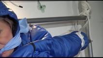 Mara tied, gagged and hooded on bed with cuffs wearing a sexy blue downwear combination (Video)