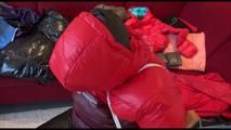 Jill tied, gagged and hooded on a chair wearing two downjackets for breath control play (Video)