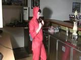 Jill Diamond wearing supersexy red rainwear in her bar playing with herself (Video)