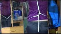 Pia tied with ropes overhead and gagged with a ballgag wearing sexy rain pants and a rain jacket (Video)