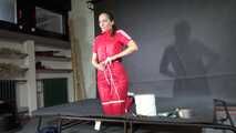 Rachel Adams in shinynylon Jumpsuit doing Selfbondage