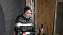 Alice taped to a Chair and tapegagged in shiny nylon Downjacket