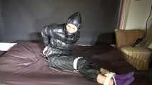Ronja being tied and gagged with ropes and a ballgag in shiny nylon rainwear and downwear (Video)