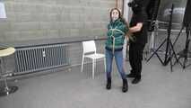Poor Rey got catched by a mean couple which heavily tied and gagged her in her new shiny Down jacket. They stored her on a rolling table and gave her some bad news before Rey got tickeled, laughing in her pantygag.