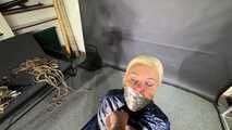 Alice bound, gagged and vibed in shiny nylon Rainwear and she enjoyed it!