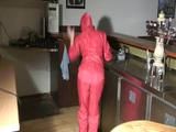 Jill Diamond wearing supersexy red rainwear in her bar playing with herself (Video)