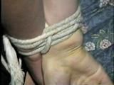CROTCH ROPED, BALL & TAPE GAGGED BRASS BED TIED DAMSEL (D19-9)