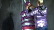 Aiyana bound gagged and vibed by Ms Ungeniert in shiny nylon Down