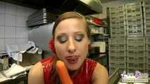 Latex Slut is stuffed in the kitchen