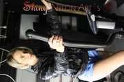 Watching sexy Sonja during her workout wearing sexy blue shiny nylon shorts and a darkblue rain jacket (Pics)