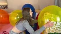 girlfriend pops your big balloons with wooden stick, fingernails and lighter