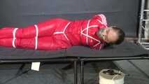 Rachel Adams in shinynylon Jumpsuit doing Selfbondage