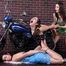 Lucky, Nelly, Xenia - Lucky poses on motorbike, two girls hogtied