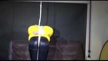 MARA wearing sexy shiny nylon rain pants and a yellow down jacket crotchroped and gagged overhead with ropes and clothgags (Video)